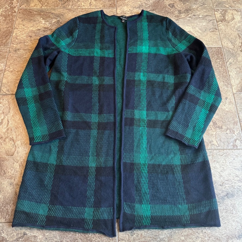 TALBOTS PLUS Women's Plaid Pure Merino‎ Wool Cardigan Sweater Coat Navy Green XL